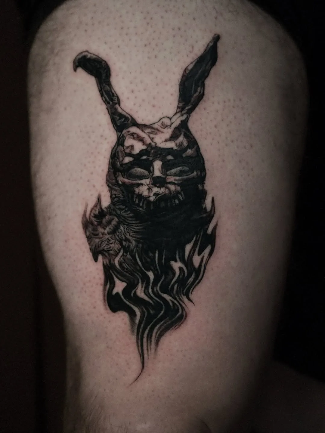 Donnie Darko Frank rabbit portrait, black and grey arm tattoo