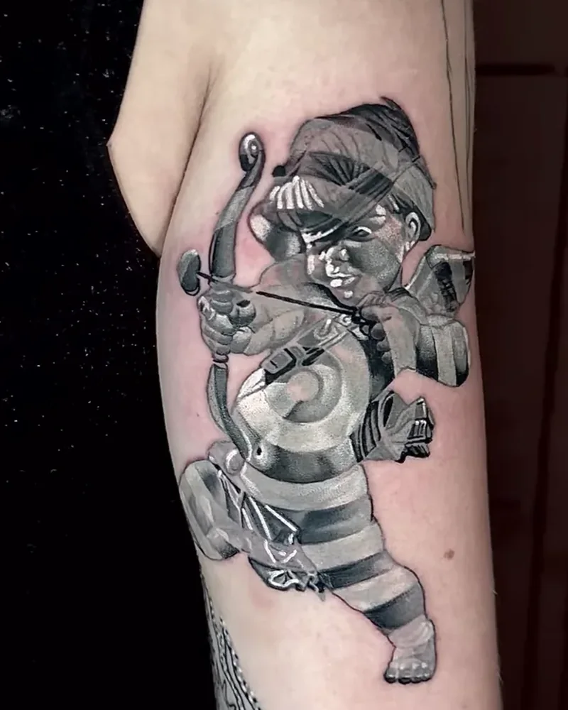 Black and grey fantasy archer tattoo