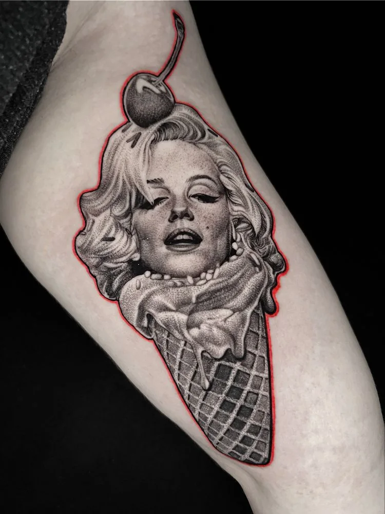 Marilyn Monroe portrait tattoo in an ice cream cone with red outline